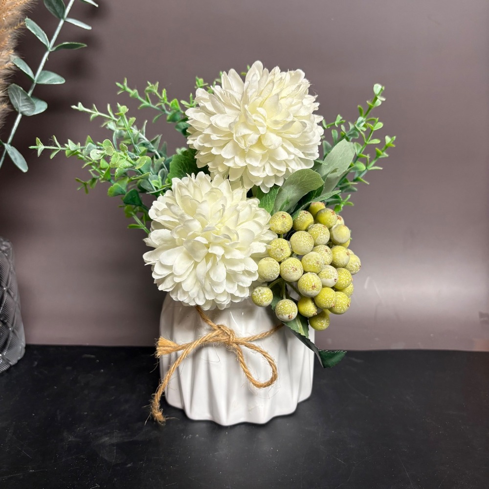 Faux Floral Arrangement White Flowers Vase | Farmhouse Greenery‎ Decor 8 Inch |